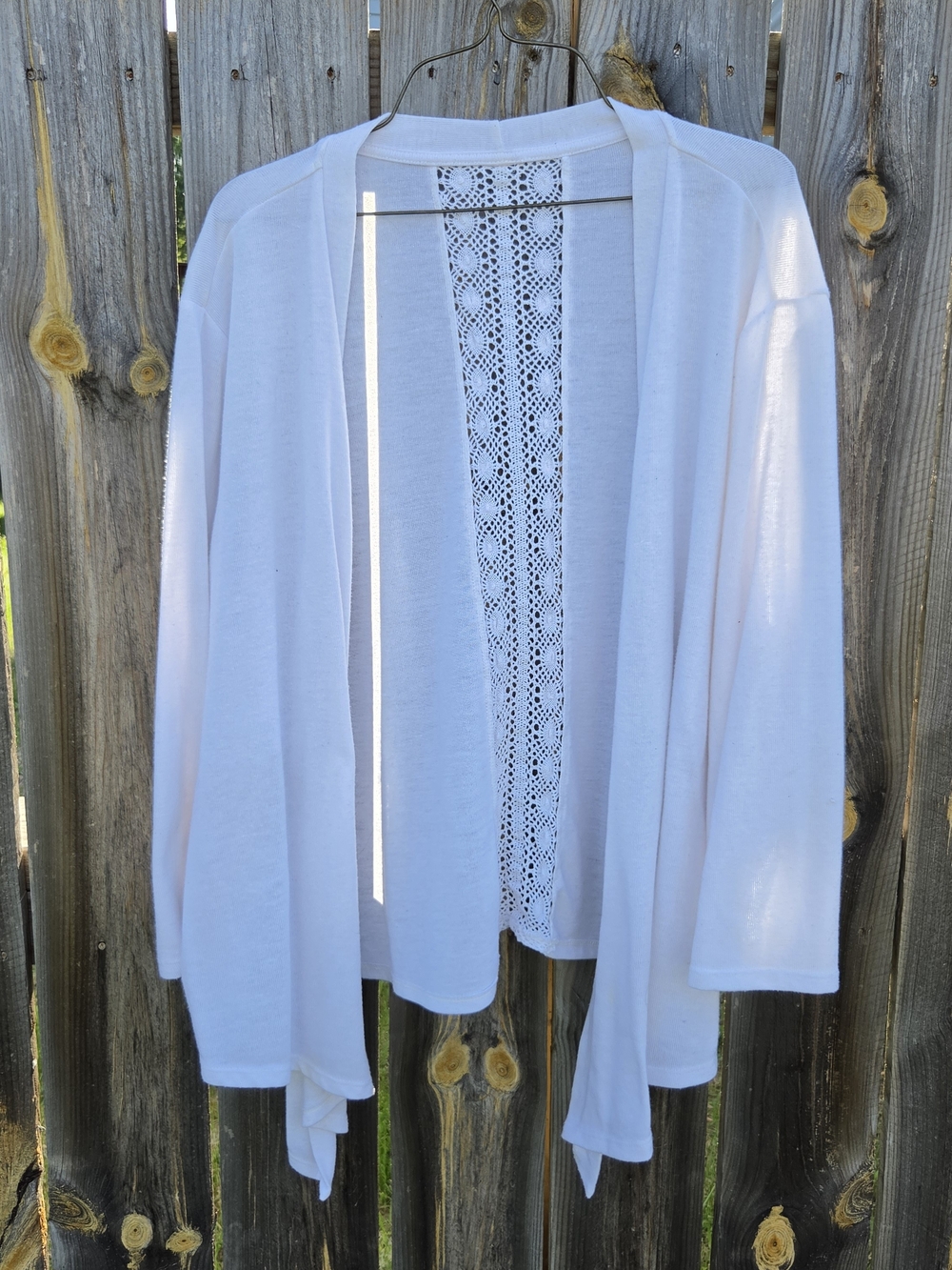 White Open-Front Cardigan with Crochet Back Detail, 2X